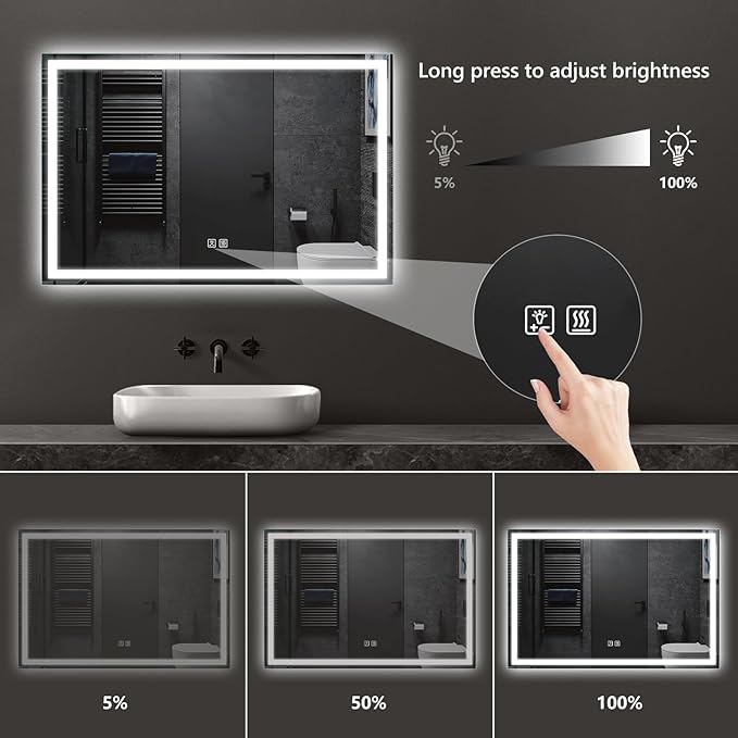 APRILSOUL 48x30 Inch LED Bathroom Mirror with Front and Backlit, Makeup Mirror with 3 Color Lights, Memory Function, Anti-Fog and Dimmable Light (Horizontal)