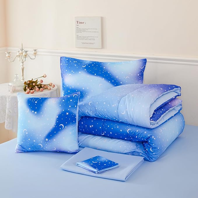 URBONUR 6Pcs Gradient Glitter Comforter Set for Girls Queen Size Blue Galaxy Kids Bedding Set for Boys Comforter Sets Soft Bed in A Bag Queen (Ombre Blue)