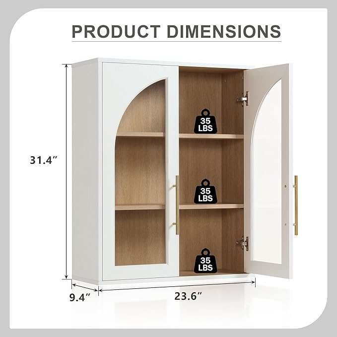 Bathroom Arched Wall Cabinet Over The Toilet Storage Cabinet, 23.6×31.4 Inch Bathroom Medicine Cabinet Wall Mount with Adjustable Shelves & Glass Door, Space Saver Wall Cabinet for Laundry,White