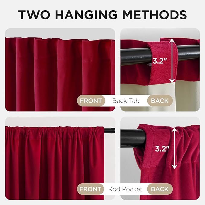 Joydeco Red 100% Blackout Curtains 96 Inch 2 Panels, Luxury Thermal Red Velvet Curtains for Bedroom Living Room, Soundproof Blackout Window Drapes, Rod Pocket & Back Tab (52W x 96L)