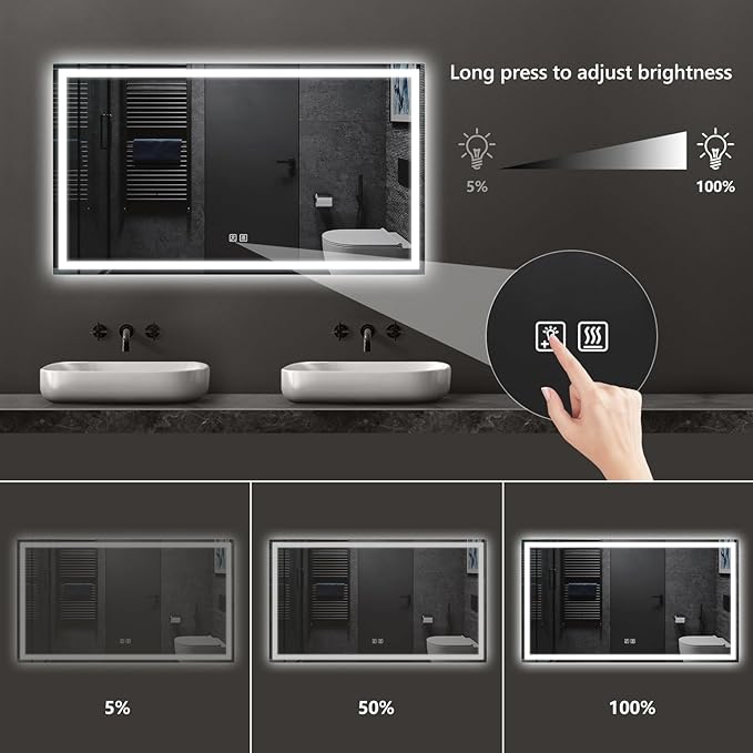 APRILSOUL 60x36 Inch LED Bathroom Mirror with Front and Backlit, Makeup Mirror with 3 Color Lights, Memory Function, Anti-Fog and Dimmable Light (Horizontal)