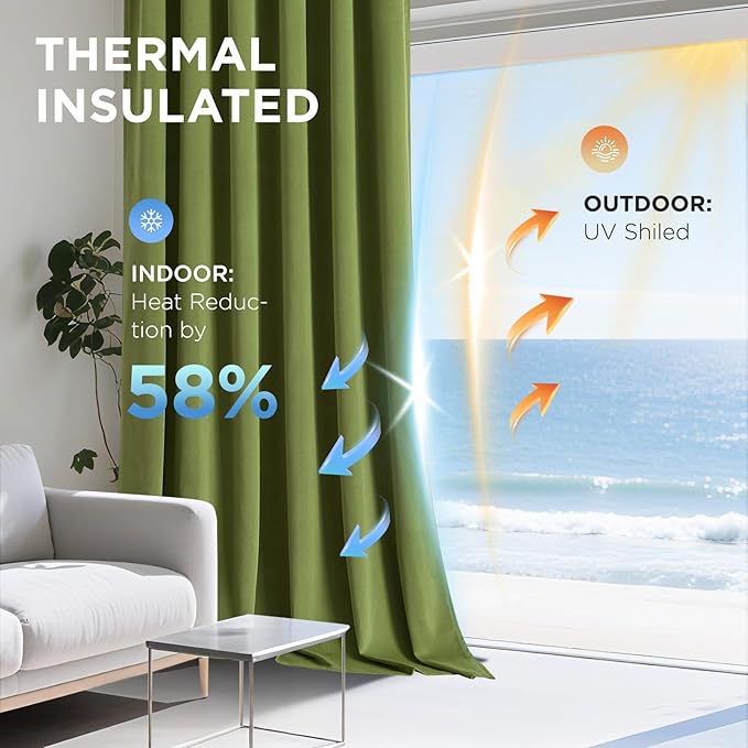 Joydeco Moss Green 100% Blackout Curtains 108 Inch 2 Panels, Luxury Thermal Green Velvet Curtains for Bedroom Living Room, Soundproof Blackout Window Drapes, Grommet Top (52W x 108L)