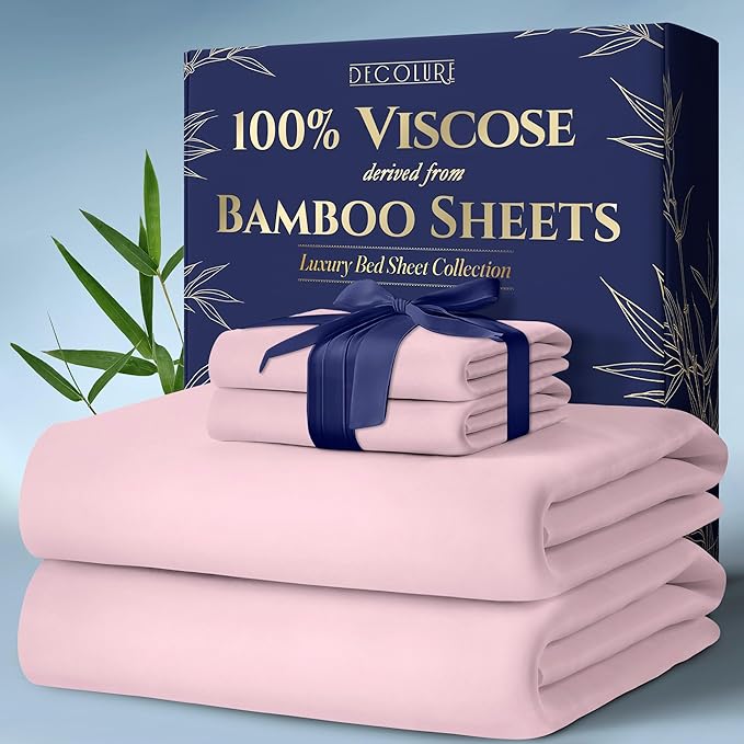 DECOLURE 100% Viscose Derived from Bamboo Sheets Full Size 4pcs - Ultra Soft & Luxuriously Cooling, 17" Deep Pocket, Double Stitching, Perfect for Hot Sleepers - Full Bed Sheets (Light Pink)