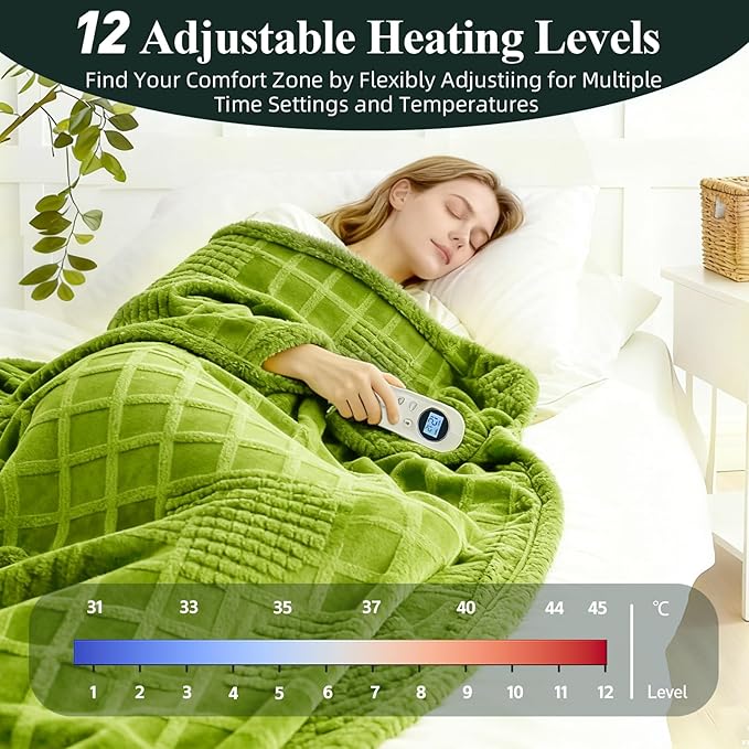 Heated Blanket Electric Throw, 50"X60" Heating Blanket Waffle with 12 Heat Levels, Fast Heating Blanket with 1-12 Timer with ETL & FCC for Bed Home Office Sofa (Trend Green)