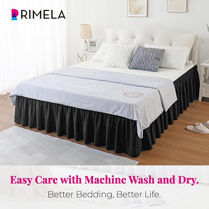 RIMELA Bed Skirt Wrap Around Elastic Dust Ruffles Solid Color Wrinkle and Fade Resistant with Adjustable Elastic Belt Easy to Install Black for Queen Size 18 Inch Drop