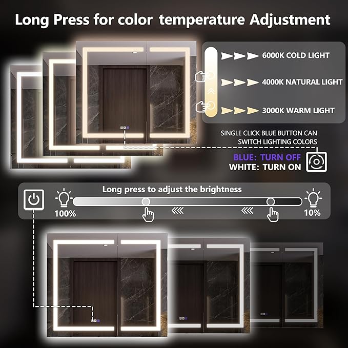 Lighted Medicine Cabinet with Mirror 42"x36" Recessed LED Medicine Cabinet Mirror, Front&Backlit, Anti-Fog, Stepless Dimming, 3-Color Temperatures, Magnifier, 2 Outlets, Storage Shelves, ETL Certified
