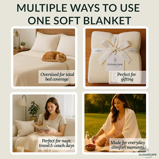 Cloud Scape Linen Extra Large 8 Layer Muslin Throw Blanket - 100% Cotton Gauze, Soft and Breathable, Winter Blanket for Couch, Sofa and Bed, Idea, 50x70, Ivory