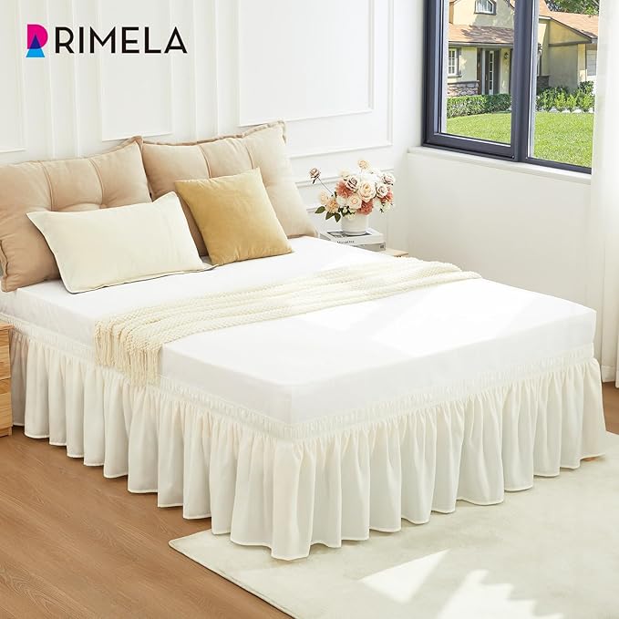 RIMELA Bed Skirts Full Size Ivory White Dust Ruffle 15 Inch Drop, Wrap Around Elastic Adjustable Bedskirt, Bed Skirt for Adjustable Bed Base, Soft Durable Fabric Machine Washable Easy to Install