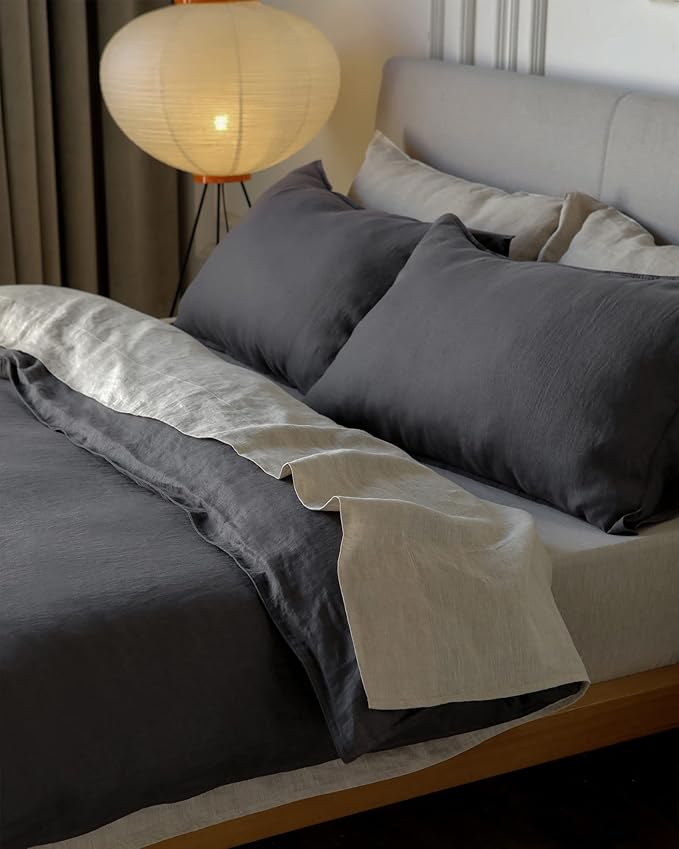 XZ XIFA Dark Grey 100% Linen Duvet Cover King Size Bedding Set, Cooling Duvet Cover with Natural Washed French Flax, Soft, Breathable, Textured Duvet Cover (1 Duvet Cover, 2 Pillowcases)