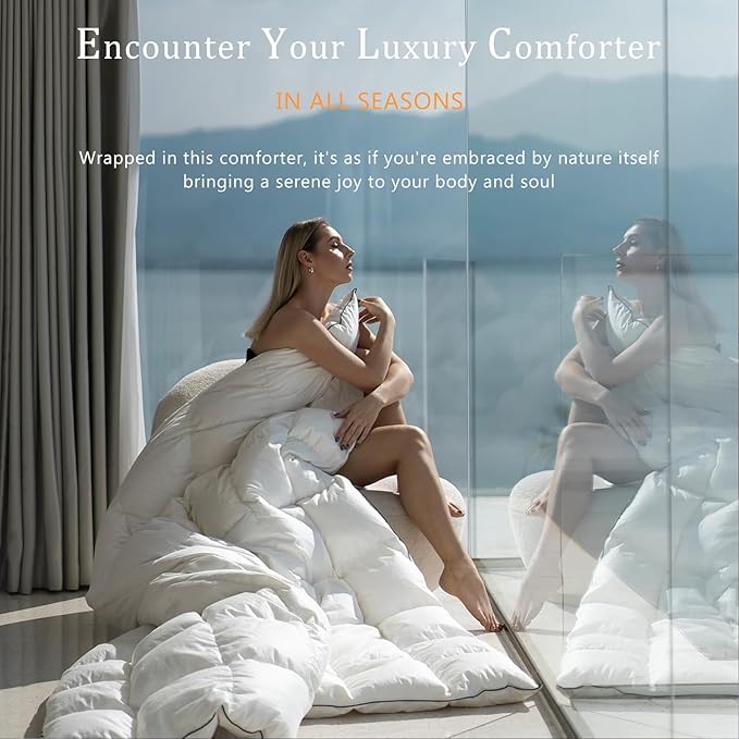 Luxury White Down Fiber Comforter Queen Size - Down Fiber Duvet Core for All Seasons - Duvet Insert Queen Hotel Collection - Soft and Medium Warmth Comforters,Queen (90 X 90”)
