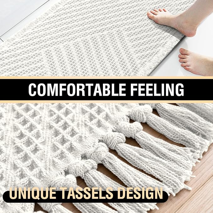 H.VERSAILTEX Waffle Bath Mat Super Absorbent Boho Bath Mat Non Slip Bath Rugs for Bathroom Floor Machine Washable Dry Fast Bathroom Rugs with Tassels, 24" x 36", Ivory White
