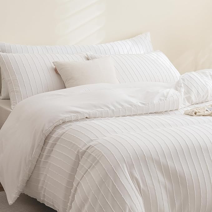 JELLYMONI Duvet Cover Oversized Queen Size White - 3PCS Boho Striped Duvet Cover Set Polyester Tufted Bohemian Textured Comforter Cover 98×98in with Corner Ties & Zipper and 2 Pillowcases