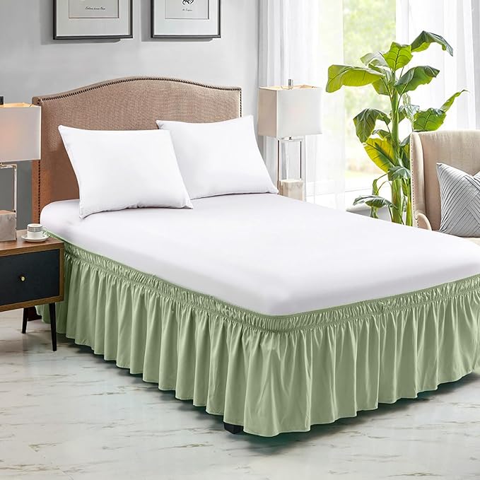 FreshCulture Twin Bed Skirt, Elastic Wrap Around Bed Skirt Twin Size, Bed Skirts for Adjustable Bed, Easy Fit with 18 Inch Drop Length, Hotel Quality Dust Ruffle for Twin Bed (Sage Green)
