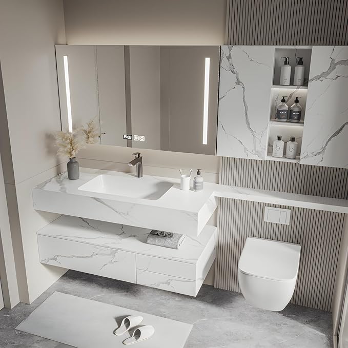 Floating Bathroom Vanity with Sink, Solid Wood Bathroom Vanity Set, Smart Defogging Mirror & Induction Side Cabinet & Large Storage - Elegant Bathroom Vanities (White,88IN)