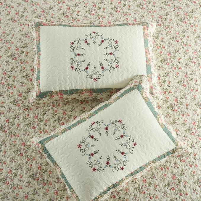 Cotton Bedspread Quilt Bedding Sets, 3 Pieces Reversible Coverlets Comforters Star with Green Floral Real Patchwork Bedspread, Queen Size