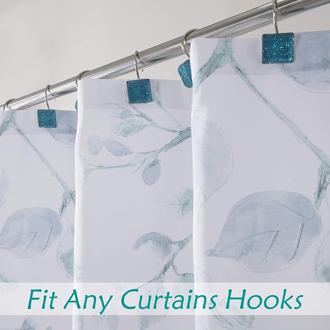 Central Park Teal Blue Leaf Shower Curtain Water Resistant Decorative Sweeping Floral Print Canvas Bathroom Spa Hotel Shower Curtain with Buttonholes (White, 70"x72")