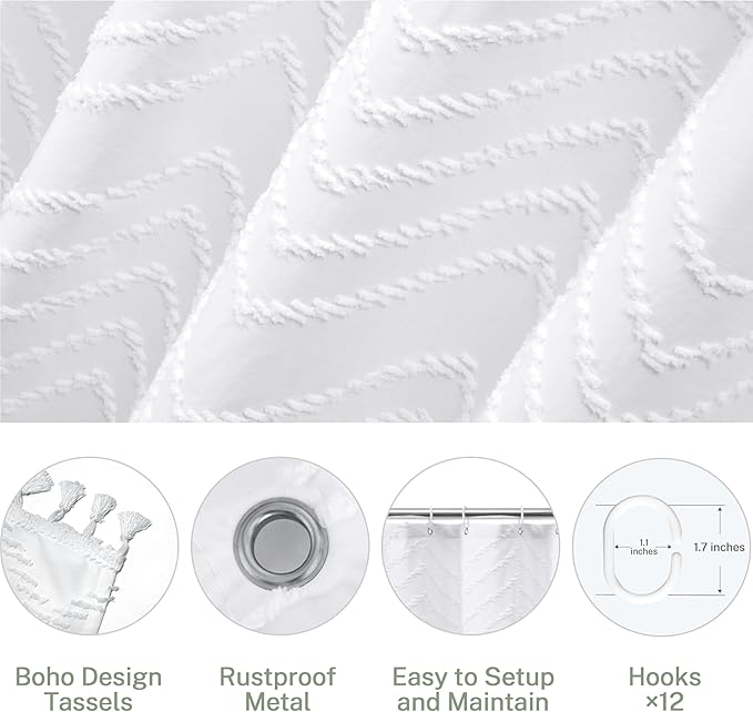 Boho Shower Curtain White Tassel Woven Fabric Shower Curtain 71 x 72 Modern Farmhouse Textured Tufted Chevron Striped Minimalist Bathroom Shower Curtains