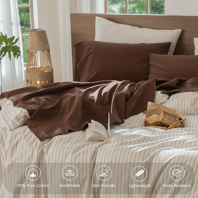 MooMee Bedding Sheet Set 100% Washed Cotton Linen Like Textured Breathable Durable Soft Comfy (Solid Cocoa Brown, Queen)