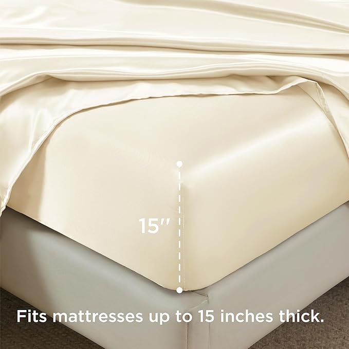 Bedsure Satin Sheets King Size - 4 Piece Silky Bedsheets with 15 Inches Deep Pocket Fitted Bedsheet,1 Flat Sheet, 2 Satin Pillowcases, Good for Hair & Skin (King, Cream)