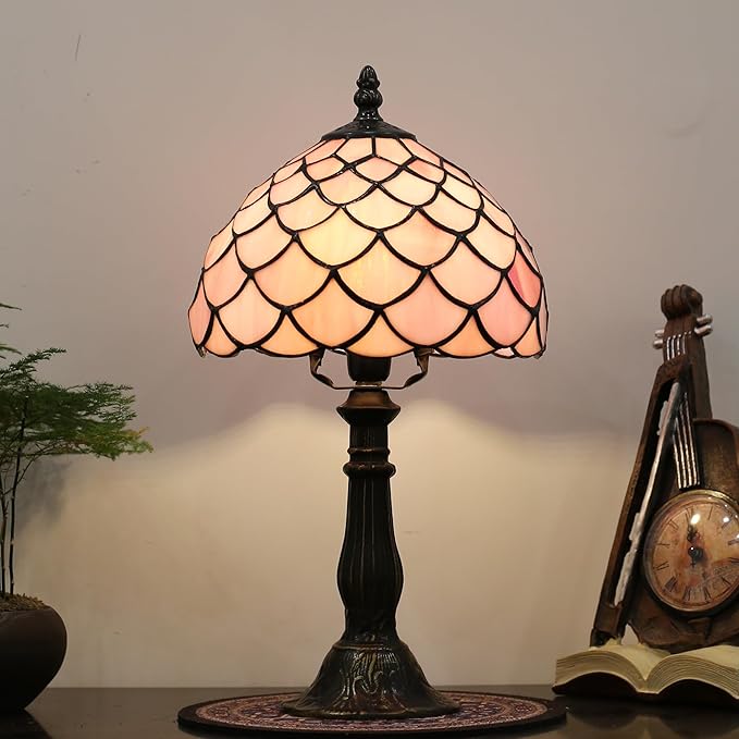 Tiffany Table Lamp for Bedroom Bedside Nightstand Table Lamps for Living Room 3 Way Color Temperatures Stained Glass Table Lamp 8X8X15 Inch Home Office Reading Desk Lamp (Pink Fish Scales)