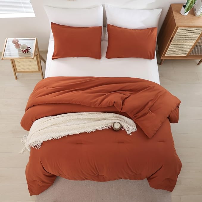 ROSGONIA Full Size Comforter Sets for Girls Boys Teens Burnt Orange,3pcs(1 Boho Comforter & 2 Pillowcases) Terracotta Dorm Bedding Kids Comforter Sets