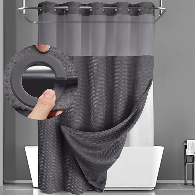 YellyHommy No Hook Shower Curtain with Snap in Liner Set Less Waffle Shower Curtain for Bathroom (Dark Grey, 87" L x 72" W)