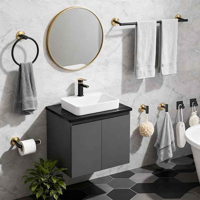 Black Bathroom Accessories Set 7-Pieces Stainless Steel Modern Light Luxury Design, Multi-Scene Use Includes Towel Racks for Bathroom Toilet Paper Holder Gold Towel Racks for Bathroom