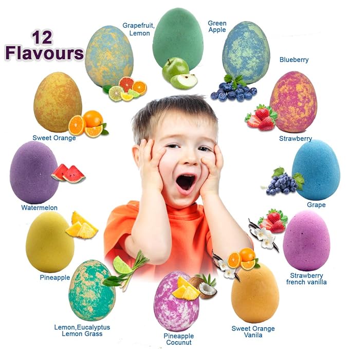 Bath Bombs for Kids with Surprise Inside - 12 Organic Bubble Bath Fizzies with Dragon Egg Toys. Gentle & Kids Friendly w/Rich Bubbles & Rainbow Colors, Stocking Stuffer Christmas Gifts for Boy, Girls