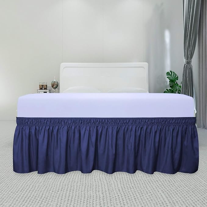 PureFit Wrap Around Ruffled Bed Skirt with Adjustable Elastic Belt - 18 Inch Drop Easy to Put On, Wrinkle Free Bedskirt Dust Ruffles, Bed Frame Cover for Queen, King and C-King Size Beds, Navy