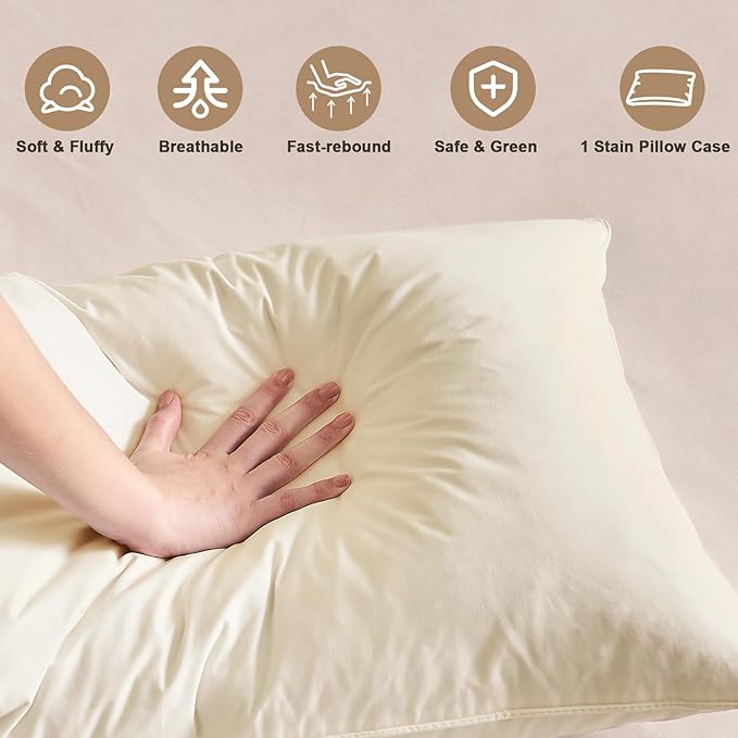 BHZ Satin Goose Down Feather Pillows Standard Size with Beige Satin Pillowcase for Hair and Skin, Cooling Pillow Cases Similar to Silk Pillow Cases, Decorative for Women, Mom Men