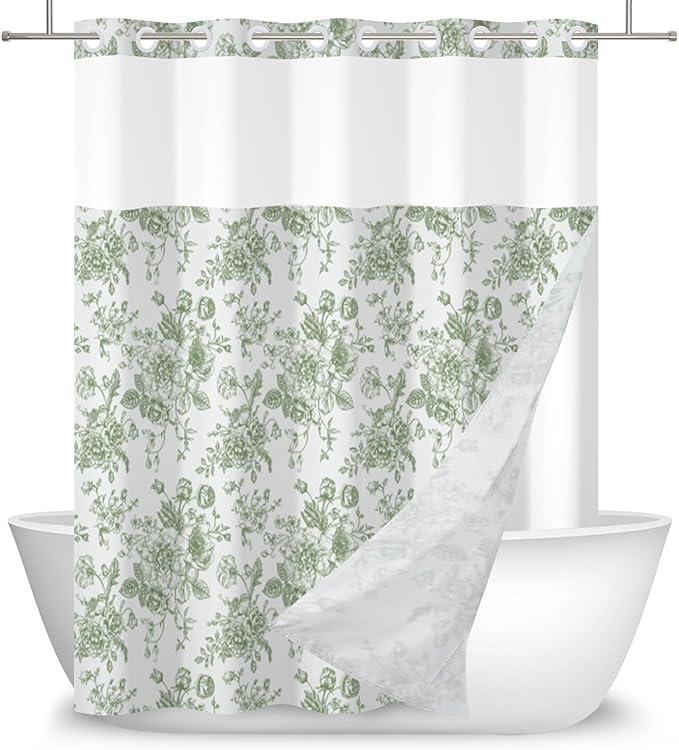 Floral Shower Curtain No Hooks with Snap in Fabric Liner Set,Spring Farmhouse Shower Curtain Hotel Bathroom Decor,with See Through Top Window,Green Flowers Fabric Waterproof,71x74 Inch