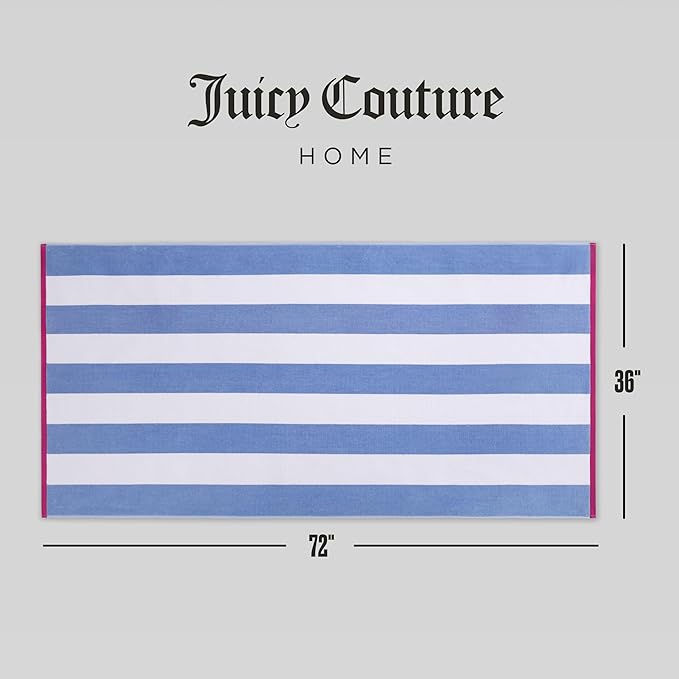 Juicy Couture Blue/White Hot Pink/White Reversible Cabana 36" x 72" 100% Cotton Oversized Beach Towel - Soft, Absorbent, and Quick-Drying, Perfect for Beach, Pool, or Travel