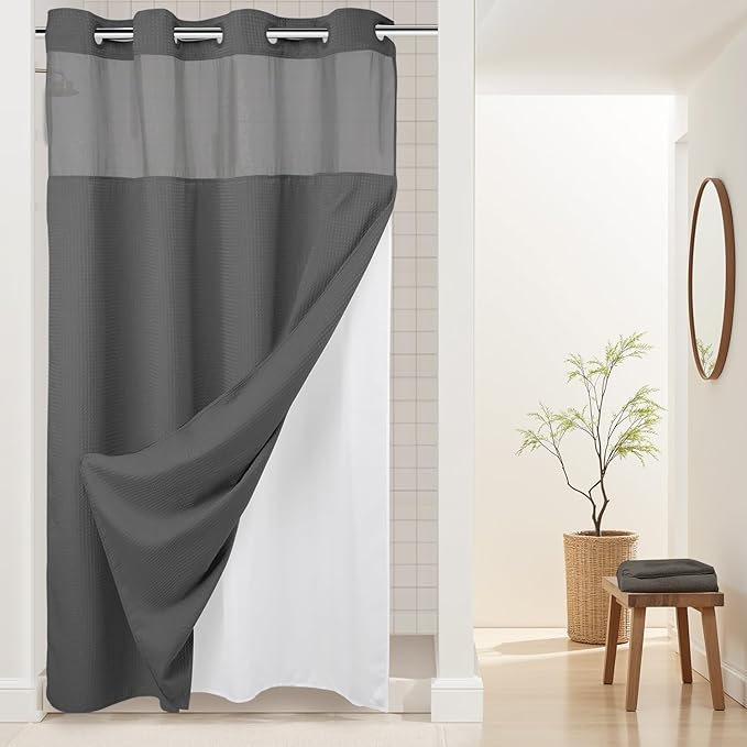 River Dream Heavyweight No Hooks Required Dotted Waffle Weave Shower Curtain with Snap in Liner -Stall 54W x 80H,Hotel Grade,Spa Like Bath Curtain,Graphite Grey