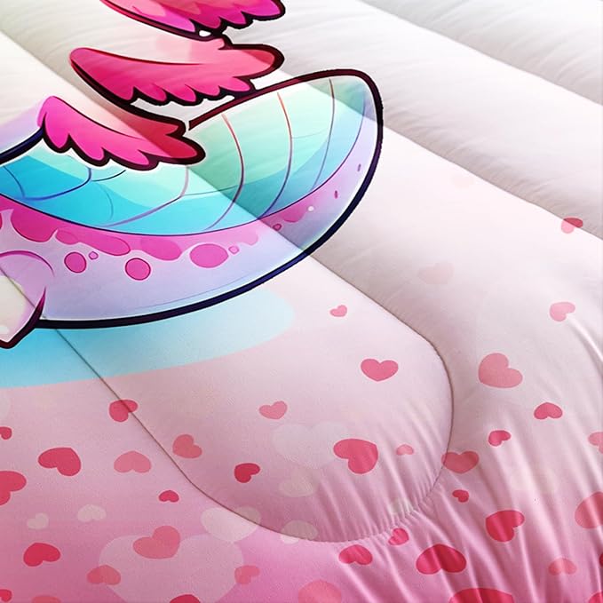 Cartoon Axolotl Comforter Kids Bedding Set,Cute Axolotl Flower Butterfly Bedding Full Size for Toddler Girls Room Kawaii Decor,Pink Series Kids Comforter Sets with 2 Pillowcases.