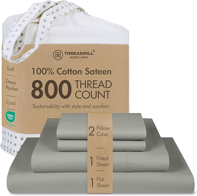 Threadmill Luxury 800 Thread Count Queen 100% Cotton Sheets - Moonrock Grey Sateen Weave Bed-Sheets, Better Than Egyptian Cotton,4 Pc Solid Soft Bed Set, Fits 16" Deep Pocket