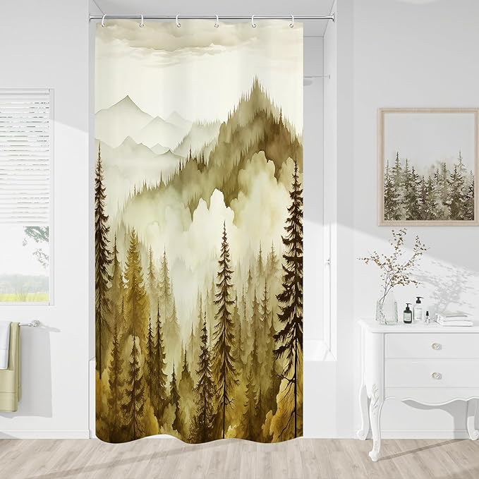 Yellow Small Stall Misty Pine Forest Shower Curtain 36 x 72, Mountain Foggy Woodland Scenery Tree Narrow Half Size Shower Curtains for Bathroom, Abstract Waterproof Nature-Themed Decor