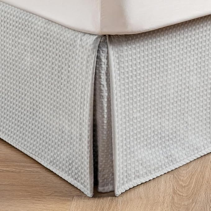 MIYE Pleated Waffle Weave Bed Skirt, Tailored Dust Ruffle 12 Inch Drop Easy Fit, Machine Washable (Light Grey, King - 12" Drop)