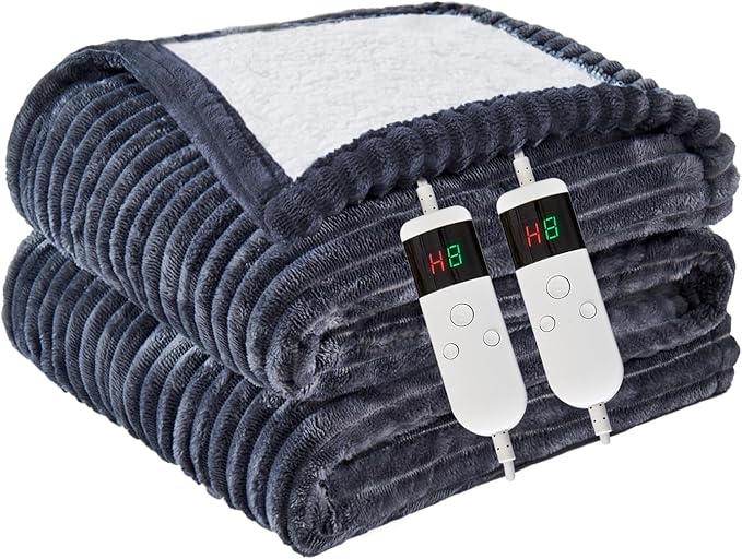 Heated Blanket Electric Queen, Soft Flannel Heating Blanket with 8 Hours Auto Off 10 Fast Heating Levels Machine Washable Sherpa Heated Blanket with Overheating Protection