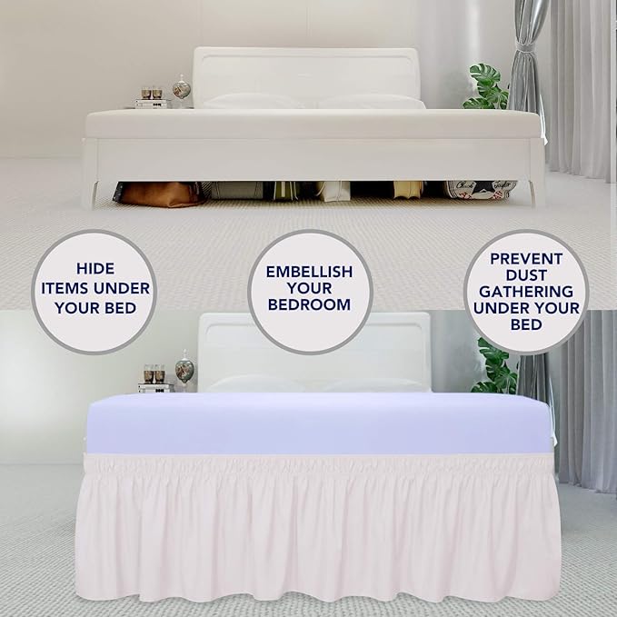 PureFit Wrap Around Ruffled Bed Skirt with Adjustable Elastic Belt - 14 Inch Drop Easy to Put On, Wrinkle Free Bedskirt Dust Ruffles, Bed Frame Cover for Queen, King and C-King Size Bed, Baby Pink