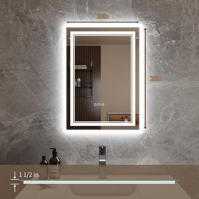 Bathroom Mirror with Lights 20"X28" with Front Light and Backlit, Tempered Glass, Wall Mount Horizontal/Vertical, Stepless Dimmable, 3 Colors, Anti Fog, Bathroom Memory LED Mirror