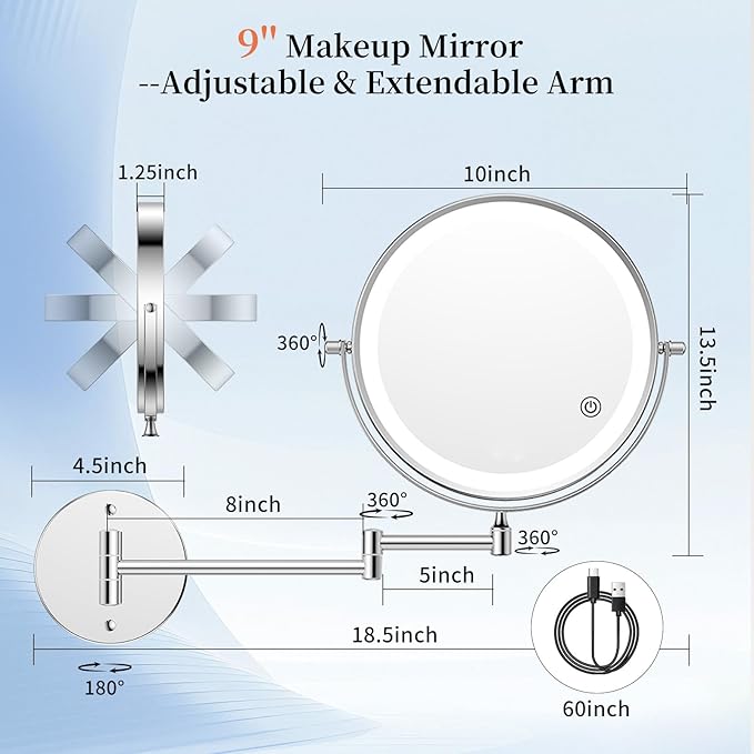 FUNTOUCH 9" 30X/1X Magnifying Wall Mounted Makeup Mirror, 4500mAh Rechargeable Double Sided Mirror with Light, 3 Color Lights,Touch Dimmable, 360 Rotation Extended Arm for Bathroom,Chrome