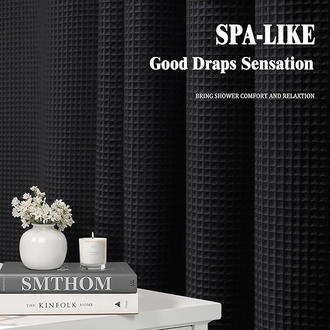 Waffle Weave Shower Curtain - Black Cotton Fabric Texture Heavyweight Shower Curtain for Bathroom,Washable,72Wx75L