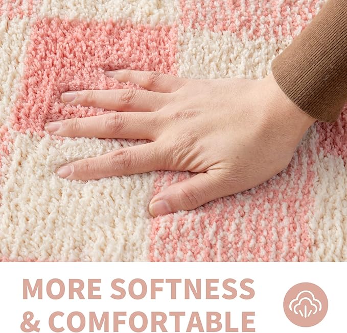 CozeCube Checkered Bath mats Non Slip, Plush Shaggy Bath Rugs for Bathroom Washable, Buffalo Plaid Bath mat, Pink Christmas Bathroom Rugs, Blossom Pink, 47" x 24"