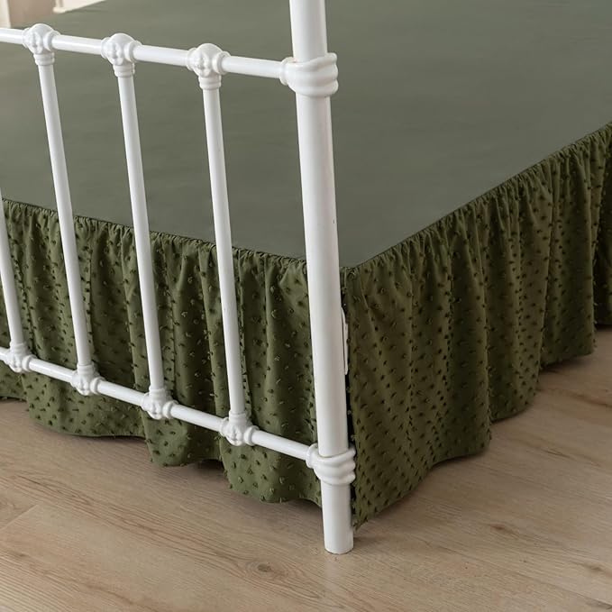Tufted Dot Bed Skirt Queen Size Ruffled Bed Skirt with Split Corners, 12 Inch Drop Dust Ruffle Bed Skirts with Platform, Olive Green