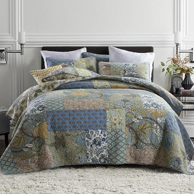 Cotton Bedspread Quilt Bedding Sets 3 Pieces Reversible Coverlet Sets Comforters Rustic Paisley Floral Patchwork Sage Green Bedspread, King Size