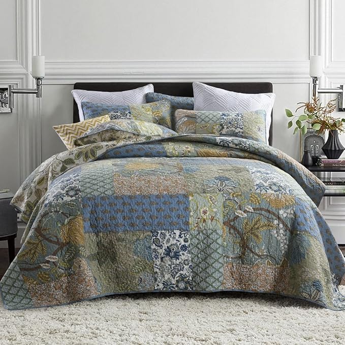 Cotton Bedspread Bedding Coverlet Quilt Sets, Reversible Vintage Branch Floral Bedspread comforters, (Rustic Sage Green Patchwork Pattern, King Size)