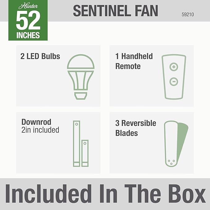 Hunter 52 inch Indoor Ceiling Fan with LED Light and Remote Control - Bronze Ceiling Fan, Standard Mount, 3 Blades, For Bedroom, Living Room, or Kitchen - Sentinel 59210, Premier Bronze