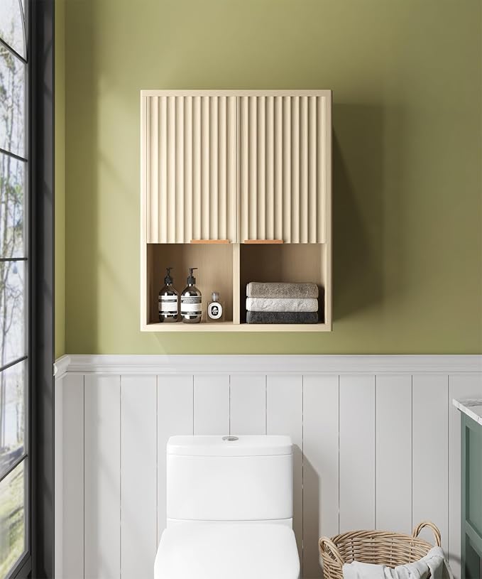 HAIOOU Fluted Bathroom Wall Cabinet with Motion Sensor Light, Curved Profile Wooden Medicine Cabinet Wall Mounted Cupboard, Wave Like Over Toilet Storage Cabinet with Buffering Hinges - Natural