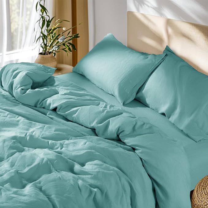 SONORO KATE 100% French Linen Duvet Cover King Size, Soft Breathable for Hot Sleepers, Moisture Wicking & Durable Cover Set - Zipper Closure & 4 Corner Ties Duvet Covers 3 Piece (Aqua,King)