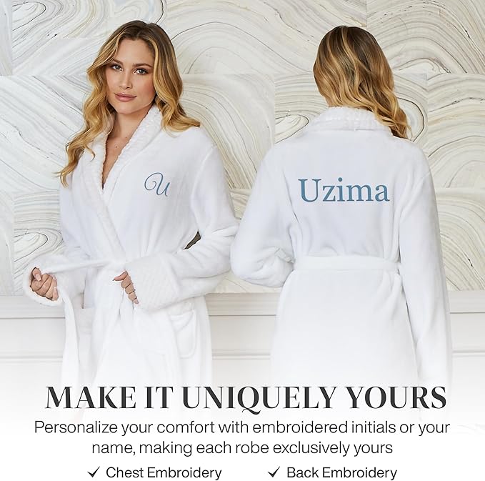 Lotus Linen Plush Robes for Women - Soft Bathrobe, Custom Monogram, Warm Fleece Robe with Pockets
